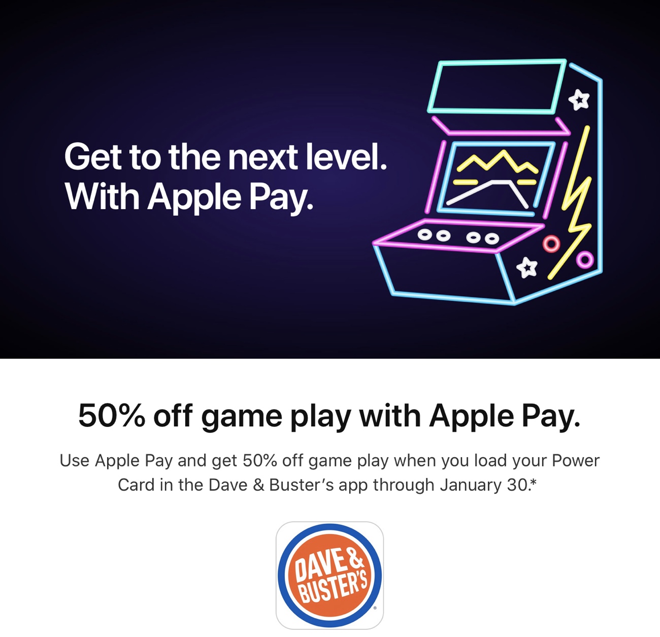 Apple Pay Promo Offers 50% Off Game Play at Dave & Buster's